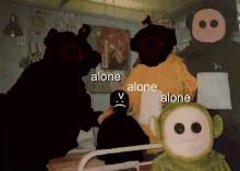 a group of stuffed animals are standing in a room with the words alone alone alone on the bottom