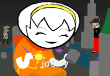 a cartoon drawing of a girl with the word jodivy on her shirt