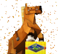 a minecraft horse is standing next to a yellow box with a map of the world on it