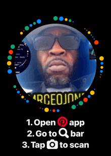 a picture of a man in a circle with the words " open app go to q bar tap to scan " on the bottom