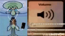 squidward from spongebob is crying while listening to music on his phone