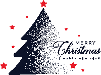 a merry christmas and happy new year greeting card with a christmas tree and stars