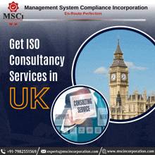 an advertisement for management system compliance incorporation shows the big ben clock tower