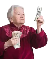 an elderly woman in a red robe holds a stack of 100 dollar bills