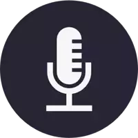 a black circle with a white icon of a microphone on it