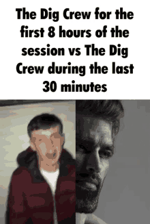 the dig crew for the first 8 hours of the session vs the dig crew during the last 30 minutes is shown