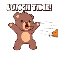 a cartoon of a teddy bear holding a fried chicken wing with the words lunch time below it