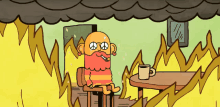 a cartoon of a man with a peace sign on his face sitting in front of a fire