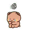 a cartoon teddy bear is crying and a ball is flying in the air above it .
