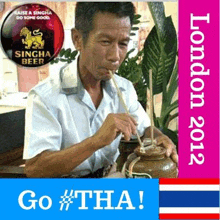 a man is drinking singha beer from a jar with a straw .