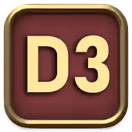 a red and gold icon with the letter d3