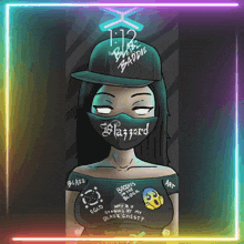 a phone screen shows a cartoon girl wearing a mask and a hat that says baddie