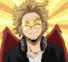 hawks from my hero academia is wearing a mask and headphones .