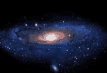 a spiral galaxy with a red center is surrounded by blue stars