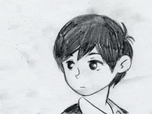 a black and white drawing of a young boy with short hair and a necklace .