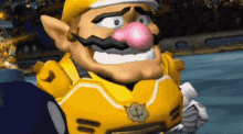 a cartoon character with a pink nose and mustache is wearing a yellow suit .