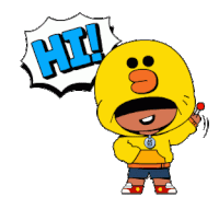 a cartoon character with a lollipop and a speech bubble saying hi