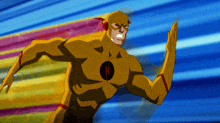 a cartoon drawing of a man in a yellow superhero costume with a lightning bolt on his chest