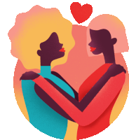 an illustration of two women hugging with a heart in the background