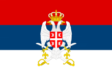 a red white and blue flag with a white eagle and a crown