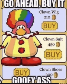 a cartoon penguin dressed as a clown with a rainbow wig .