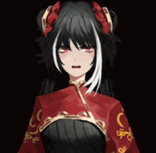 a girl with black hair and white stripes is wearing a red and black dress