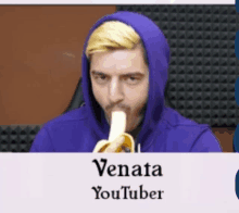 a man wearing a purple hoodie is eating a banana with the name venata youtuber below him