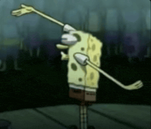 a spongebob squarepants character is dancing with his arms outstretched .