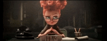 a cartoon character is sitting at a desk with a sign that says hr