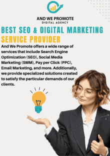 an advertisement for and we promote digital agency shows a woman holding a light bulb in her hand