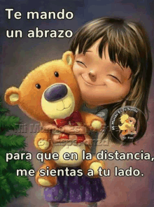 a cartoon girl hugging a teddy bear with the words te mando un abrazo