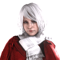 a woman with short white hair wearing a red coat and scarf