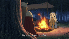 a cartoon of a man and a girl sitting around a fire with the words my body moved on reflex