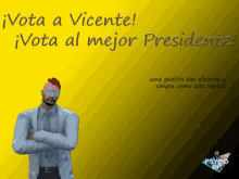 a man with red hair and glasses is standing in front of a yellow background that says vota a vicente