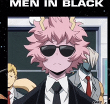 a poster for men in black shows a girl with pink hair and sunglasses