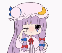 a girl with purple hair and a hat is crying .