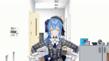 a 3d anime girl with blue hair and a crown on her head is standing in a hallway with her eyes closed .