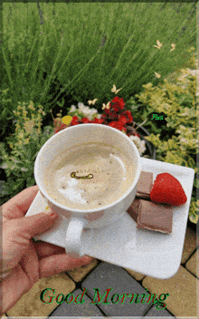 a person is holding a cup of coffee on a white plate with the words good morning written on the bottom