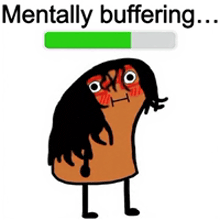 a cartoon character is mentally buffering and has a green bar next to him .