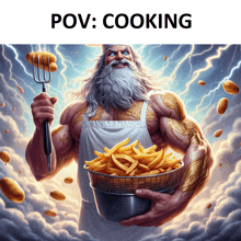 a painting of zeus holding a basket of french fries