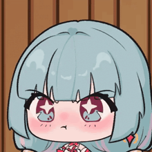 a drawing of a girl with blue hair and pink eyes
