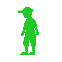 a green pixel art silhouette of a boy wearing a baseball cap and shorts .