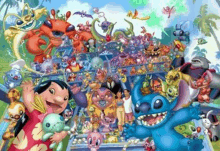 a painting of a group of cartoon characters including stitch and lilo .