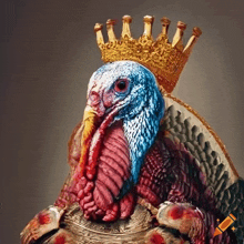 a turkey wearing a crown is sitting on a throne