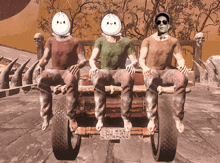 three men are sitting on a cart with a license plate that says aeh-304