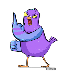 a cartoon drawing of a purple pigeon giving a middle finger