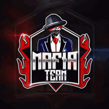 a logo for the mafia team with a skull in a suit