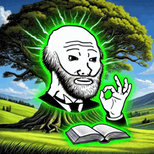 a drawing of a man with a beard giving an ok sign with a tree in the background