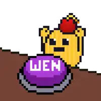 a pixel art drawing of a yellow object with a cherry on its head and a purple button with the word wen on it