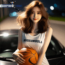 a woman holding a basketball wearing a museumbola tank top